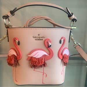 Kate Spade Pippa Flamingo by the Pool Bucket Bag Raffia Trim Pink Crossbody